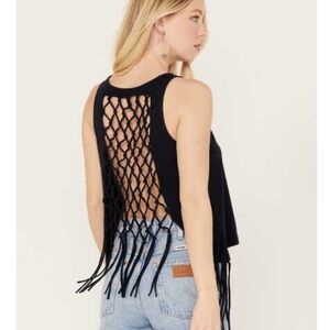 NWT Anthropologie RAGA Black Fringe Lattice Back Crop Tank Top Size Small